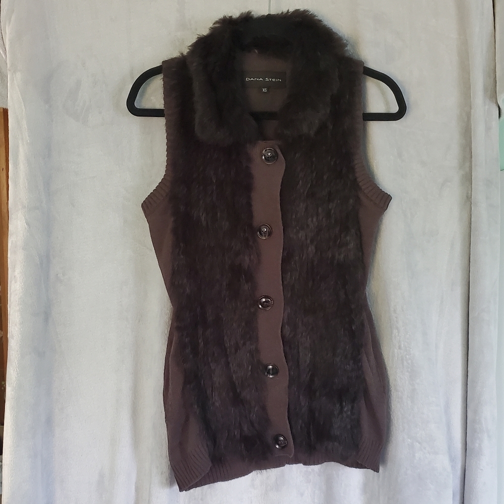 Dana Stein Chocolate Brown Knitted Genuine Fur Cardigan Vest, size XS